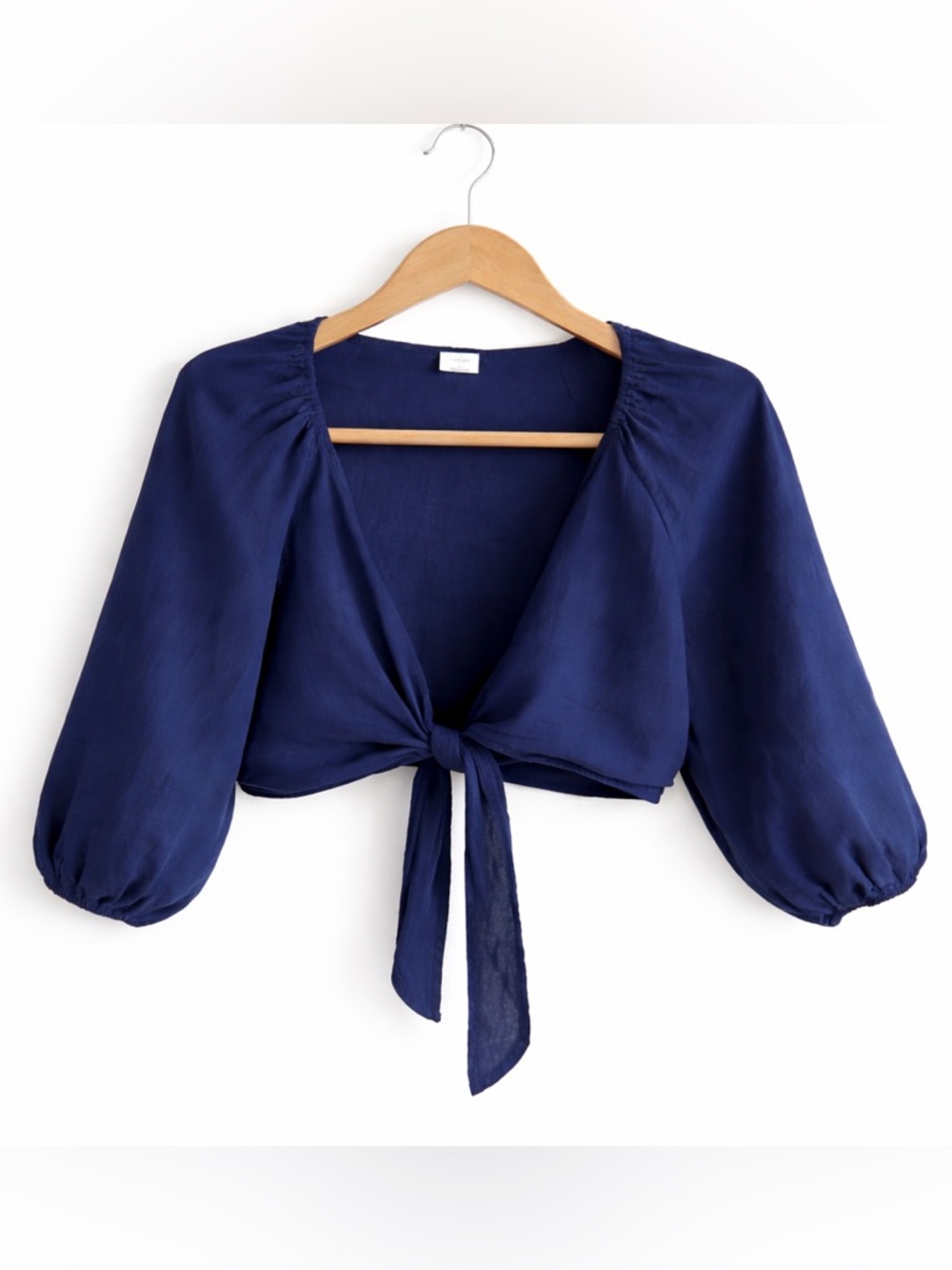 NWT Aritzia Wilfred Tenley Linen Tie-Front Crop Top | Puff Sleeve | Navy | Sz M